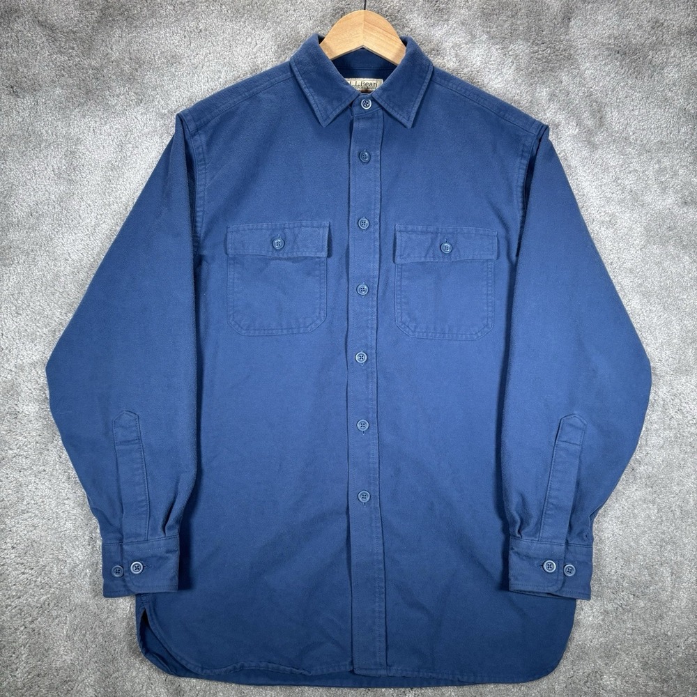Vintage LL Bean Chamois Cloth Shirt Mens L Blue Thick Cotton Flannel Button Up - Picture 2 of 6
